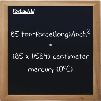 How to convert ton-force(long)/inch<sup>2</sup> to centimeter mercury (0<sup>o</sup>C): 85 ton-force(long)/inch<sup>2</sup> (LT f/in<sup>2</sup>) is equivalent to 85 times 11584 centimeter mercury (0<sup>o</sup>C) (cmHg)